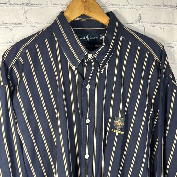 Vintage Ralph Lauren Crest Shield Shirt Mens XXL Blue Navy Gold Striped Blaire - Picture 3 of 7